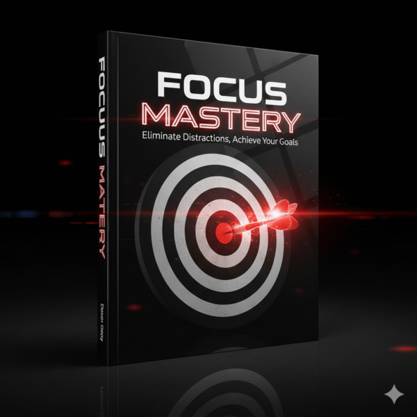 "A motivational graphic for the product Kasab, featuring the words FOCUS and MASTERY over a blurred background, with the subtitle: Eliminate Distractions, Achieve Your Goals."